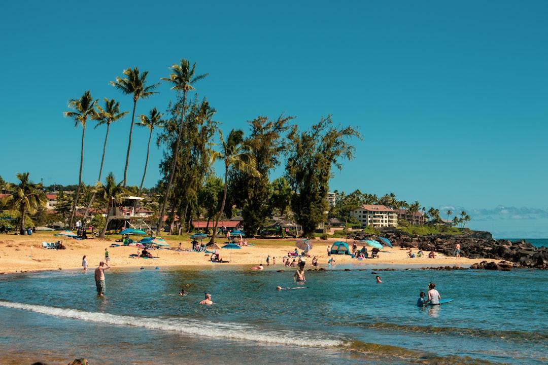 people standing and sitting on beach line